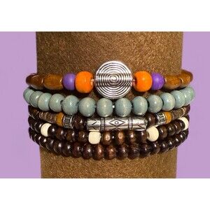 Boho Wooden Bead Bracelets - 5 Piece Set - Stacking Layering - Unisex